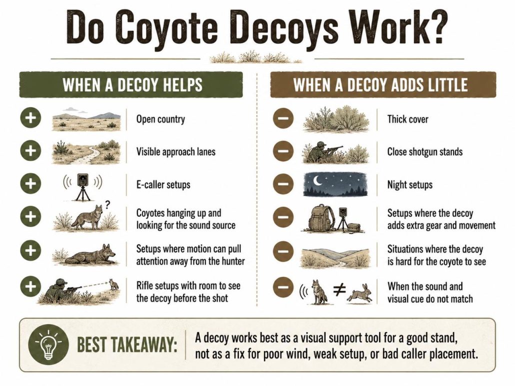 Decision infographic showing when a coyote decoy helps and when a decoy adds little, including open country, visible approach lanes, e-caller setups, thick cover, close shotgun stands, and night setups