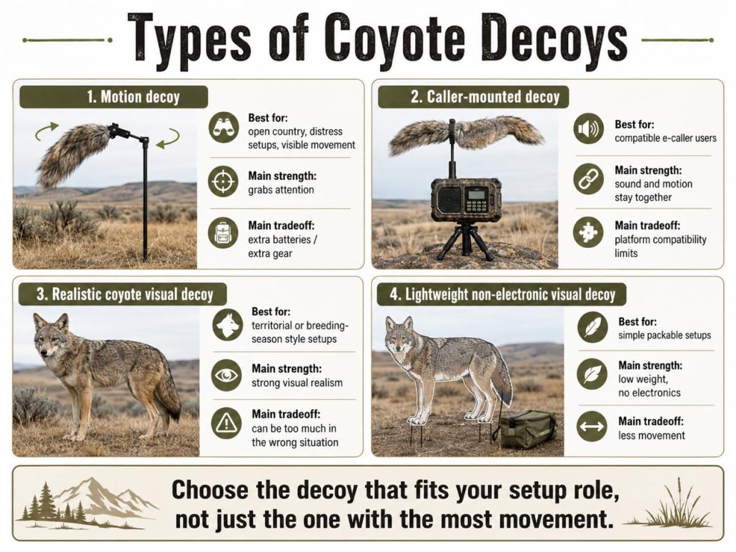 Comparison infographic showing four types of coyote decoys: motion decoy, caller-mounted decoy, realistic coyote visual decoy, and lightweight non-electronic visual decoy