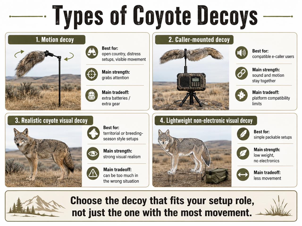 Comparison infographic showing four types of coyote decoys: motion decoy, caller-mounted decoy, realistic coyote visual decoy, and lightweight non-electronic visual decoy