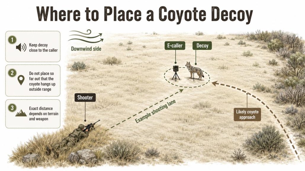 Infographic showing where to place a coyote decoy in relation to the shooter, e-caller, likely coyote approach, downwind side, and shooting lane