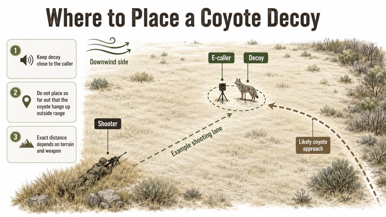 Infographic showing where to place a coyote decoy in relation to the shooter, e-caller, likely coyote approach, downwind side, and shooting lane